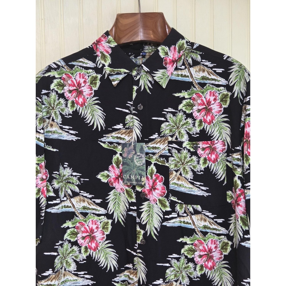 Campia Shirt Mens Large Black Floral Hawaiian Stretch Button Front‎ Aloha Casual